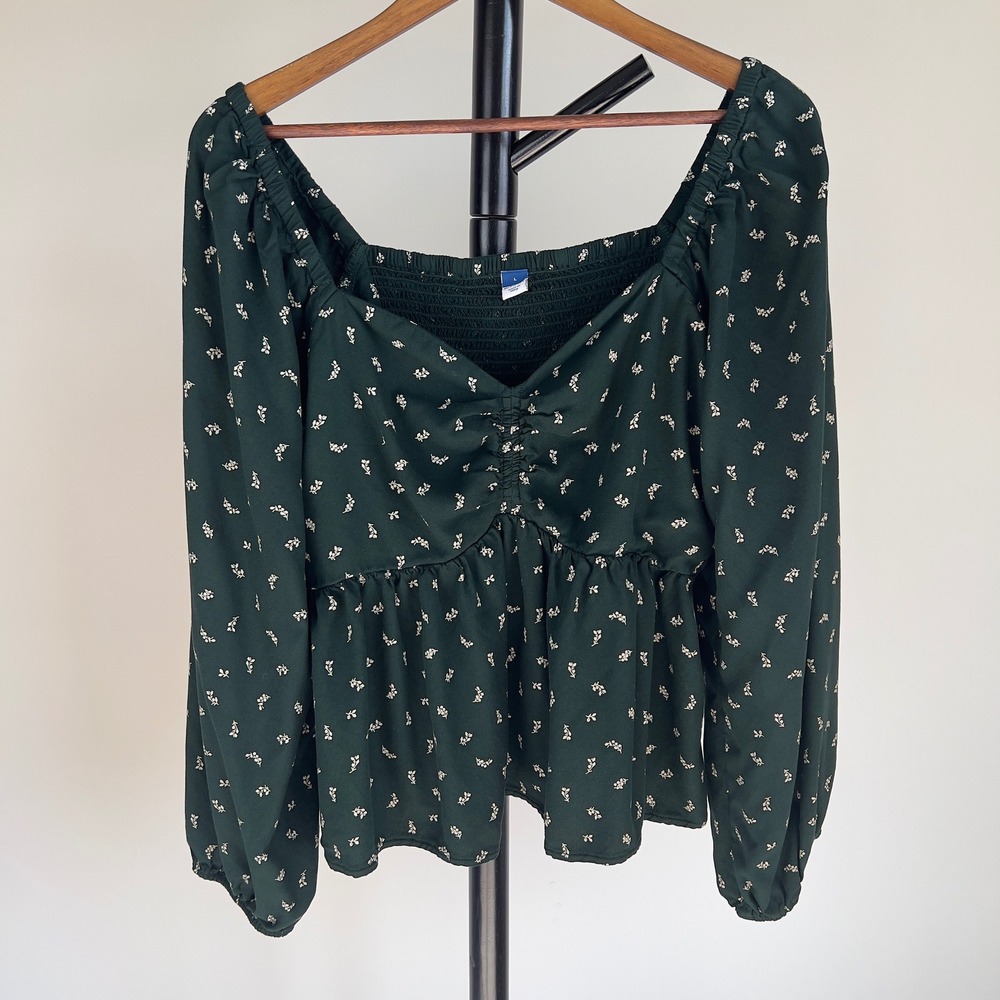 Old Navy Women Large Green Floral Peplum Blouse Off Shoulder Long Sleeve Top